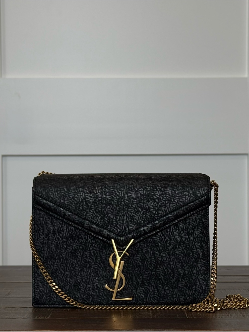 Saint Laurent Black Leather Envelope Crossbody with Gold Hardware